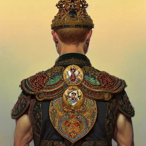 Prompt: a portrait of a putin, upper half portrait, decorated with russian motifs, traditional russia, intricate, elegant, highly detailed, symmetry, headpiece, digital painting, artstation concept art smooth sharp focus, illustration, art by artgerm and greg rutkowski alphonse mucha 8 k