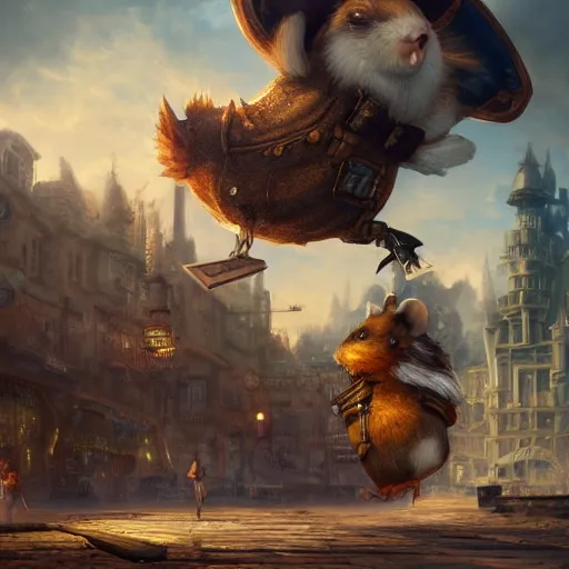 Prompt: oil painting of steampunk hamster, riding on giant duck, steampunk city background, sharp focus, fantasy style, octane render, volumetric lighting, 8k high definition, by greg rutkowski, highly detailed, trending on art Station, explosions, magic the gathering artwork, centered