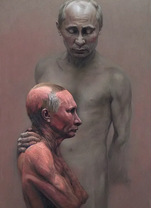 Image similar to Painting in a style of Beksinski featuring Vladimir Putin. Suffering and pain