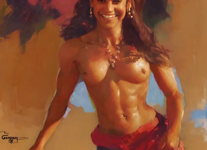 Image similar to a highly detailed beautiful portrait of a short brown haired brown skinned genie, with abs, smiling, by gregory manchess, james gurney, james jean