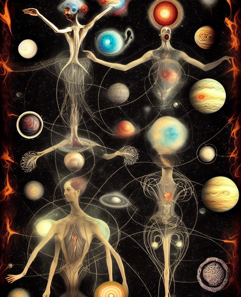 Image similar to inside the universe of a human body soul, whimsical uncanny creature alchemizes unique canto about'as above so below'being ignited by the spirit of haeckel and robert fludd, breakthrough is iminent, glory be to the magic within, to honor jupiter, surreal collage by ronny khalil