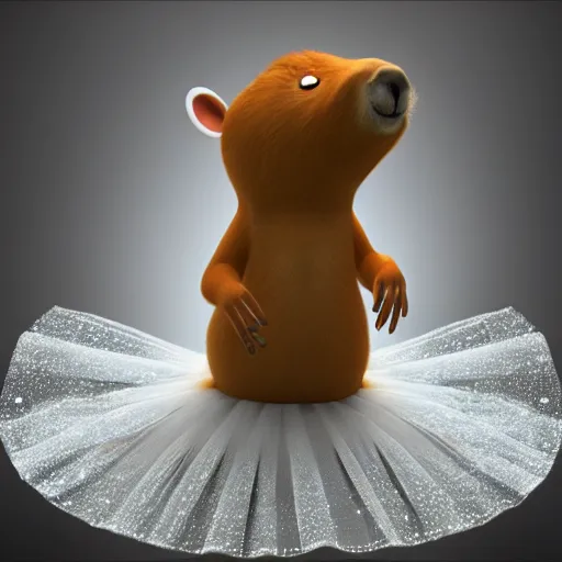 Prompt: Pixar type render of a capybara in a white tutu center stage with one light pointing at him sparkles and tension for the audition