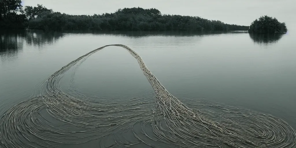 Prompt: centered photograph of a infinitely long rope zig zagging snaking across the surface of the water into the distance, floating submerged rope stretching out towards the center of the lake, a dark lake sandy shore on a cloudy day, color film, trees in the background, hyper - detailed photo, anamorphic lens