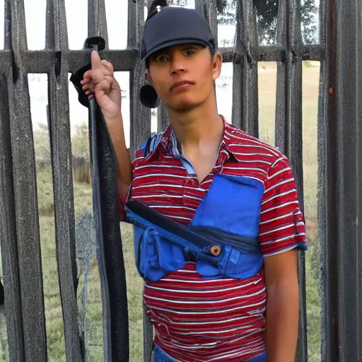 Image similar to Young man standing looking to the right in a red bandana, blue striped shirt, gray vest and a gun with a partly cloudy sky in the background. The young man is standing in front of an iron fence. Photograph. Real life