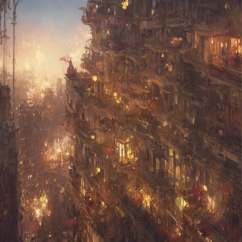 Image similar to a beautiful realistic painting of a firework festival on a balcony at night, intricate, elegant, highly detailed, greg rutkowski, krenzcushart, nier automata enviroment concept art, makoto shinkai, alphonse mucha