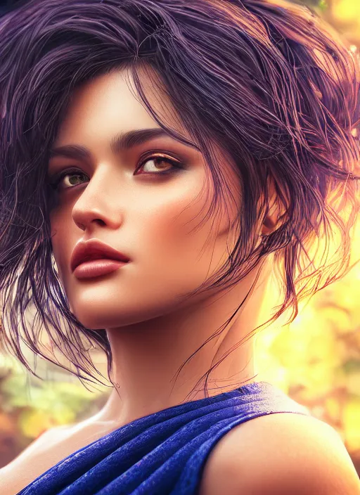 Image similar to photo of a gorgeous female in the style of stefan kostic, realistic, half body shot, sharp focus, 8 k high definition, insanely detailed, intricate, elegant, art by stanley lau and artgerm, extreme bokeh light spring foliage