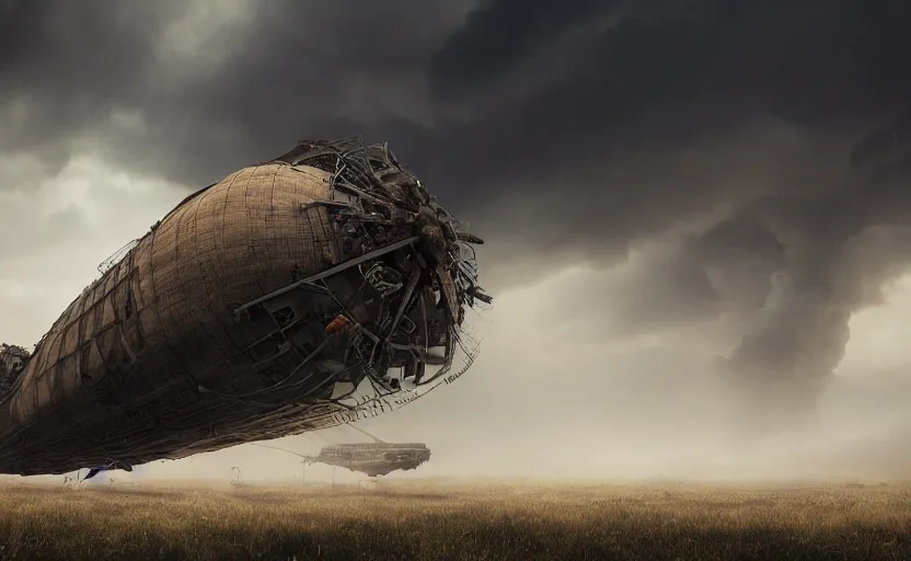 Image similar to an immense steampunk airship crashed and burning in a field, thick black smoke billowing, turbulent storm clouds, dystopian, fog, sharp focus, octane render, imax