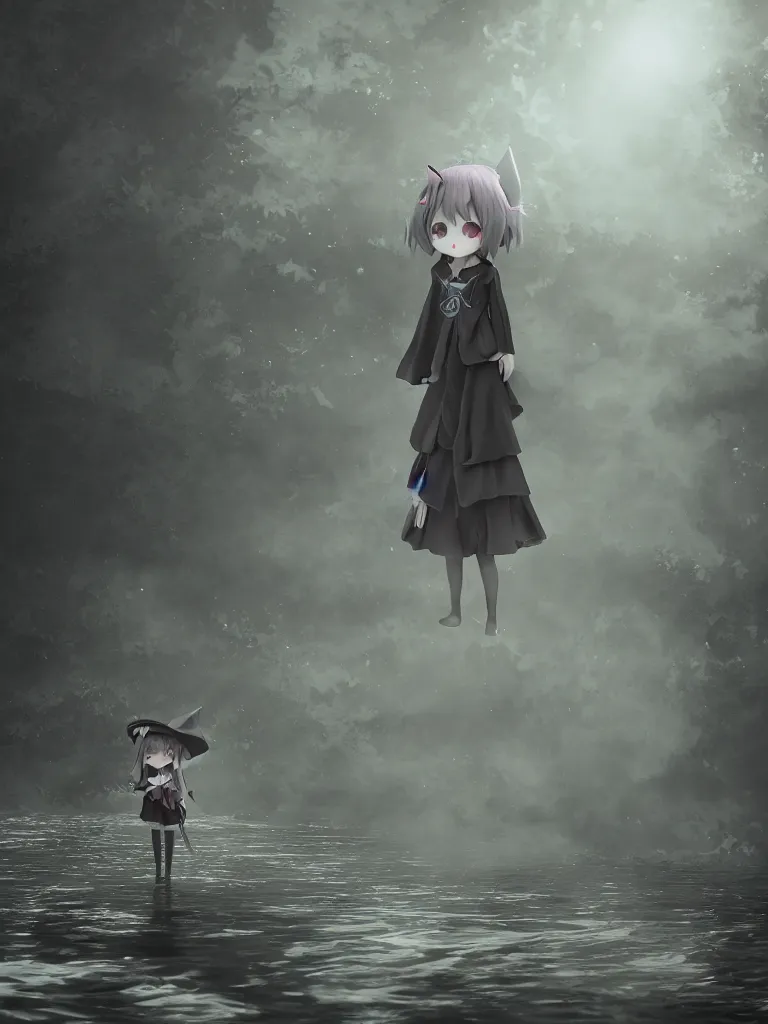 Prompt: cute fumo plush girl witch standing in reflective murky river water, gothic horror maiden in tattered cloth, volumetric fog and smoke in hazy abyss, light shafts shining through the dusky light, moonglow, lens flare, chibi anime, vray