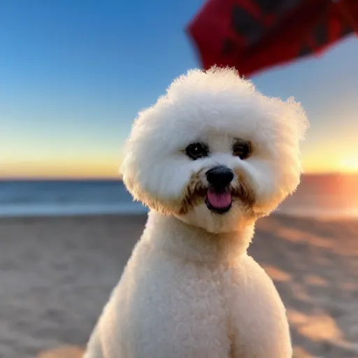 Image similar to a closeup photorealistic photograph of a smiling bichon frise peeking out of a Hermes handbag at the beach during sunset This 4K HD image is Trending on Artstation, featured on Behance, well-rendered, extra crisp, features intricate detail and the style of Unreal Engine.