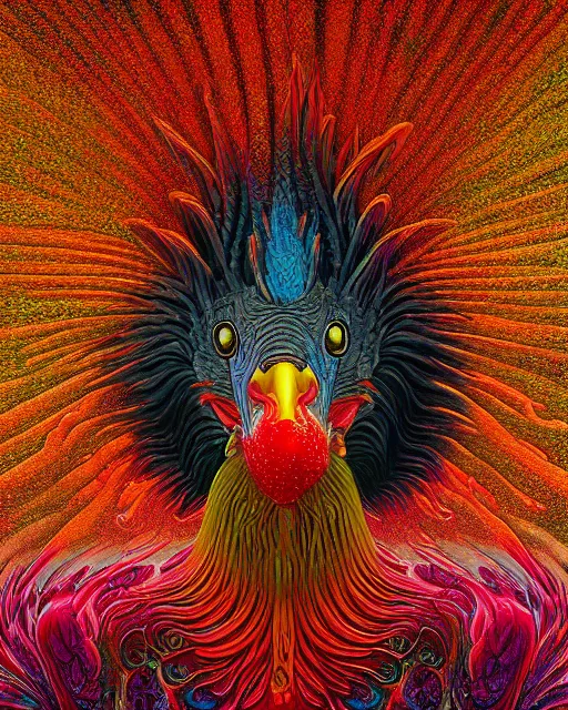 Prompt: portrait ultra dimensional black rooster entity, accidentally tripping on dmt and acid, psychedelic experience, overwhelming psychosis of self realization and burning awakening, ultra high definition, unreal engine 5, hyperrealism, masterpiece composition, by casey weldon, barclay shaw 8 k photorealistic