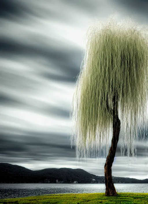 Image similar to nature photograph of a weeping willow with black bark and silver leaves sitting on a cliff in the distance in the style of stefan kostic, realistic, half body shot, sharp focus, 8 k high definition, insanely detailed, intricate, elegant, art by stanley lau and artgerm, luis royo, cloudy background