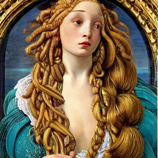 Image similar to intricate detail, hyper detail, drunk woman, very tired, wearing full body mans suite, hazel green eyes, teal eyebrows, with aqua neon rapunzel dreadlocks, detailed, by sandro botticelli, gaston bussiere, h. r. giger, masterpiece, sharp focus,