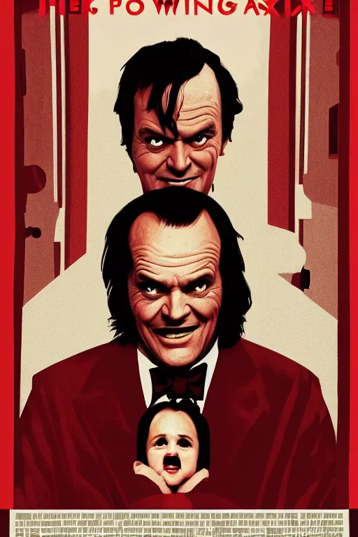 Image similar to a movie poster for the film the shining featuring a large portrait of jack nicholson's face and an axe in the style of the grand budapest hotel.