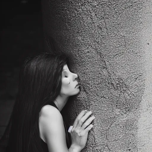 Image similar to photograph of a woman hiding behind a cement pillar, in an underground liminal space, sigma 85mm f/1.4, 4k, depth of field, high resolution, 4k, 8k, hd, full color