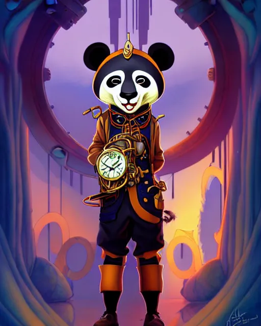 Image similar to don bluth, loish, artgerm, joshua middleton, steampunk, clockpunk anthropomorphic panda, full sailor suit, symmetrical eyes symmetrical face, colorful animation forest background