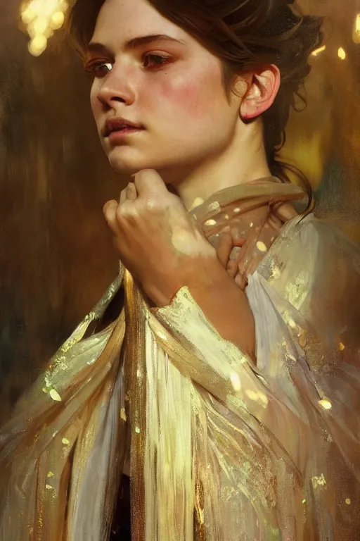 Image similar to hyperrealist portrait of a girl emperorit is decorated with long robes that fall like stars. by jeremy mann and alphonse mucha, fantasy art, photo realistic, dynamic lighting, artstation, poster, volumetric lighting, very detailed faces, 4 k, award winning