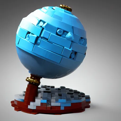 Image similar to a globe made of lego, realistic, award winning, detailed, 8k, studio lighting, HD, hyper realistic, unreal engine, octane render, cycles render,