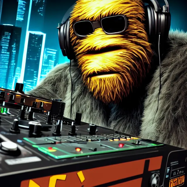 Image similar to a portrait of an anthropomorphic cyberpunk bigfoot dj at the turntables, detailed render, tape deck, boombox, headphones, epic composition, cybernetics, 4 k realistic, cryengine, realistic shaded lighting, sharp focus, masterpiece, by matteo scalera, gary montalbano, peter elson in the style of the tokyo ghost comic