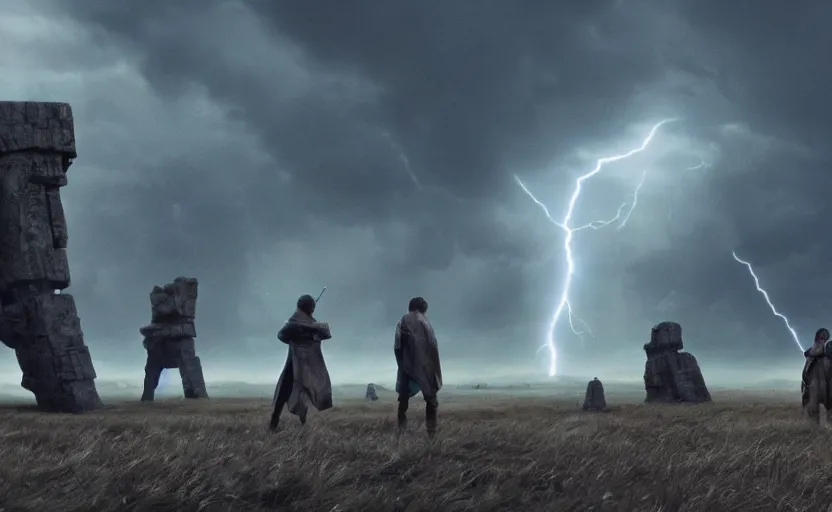 Image similar to screenshot portrait of Luke Skywalker in a windy lightning battlefield with scattered ruins of a fiery jedi rock temple, surrounded by giant AT-AT walkers, with young jedi army behind him, iconic scene from 1970s film by Stanley Kubrick, last jedi, 4k HD, cinematic lighting, beautiful portrait of Mark Hammill, moody scene, stunning cinematography, mcu effects, anamorphic lenses, kodak color film stock