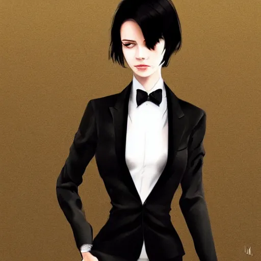 Image similar to slim girl in tuxedo with short black hair, elegant, 2d, ultra highly detailed, digital painting, smooth, sharp focus, artstation, art by Ilya Kuvshinov