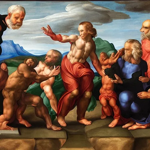Prompt: creation of adam, michaelangelo painting, face swapped with trump and putin