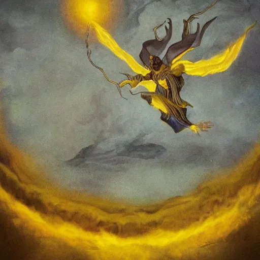 Image similar to the great elder levitates, around which daggers fly behind his back, yellow tones