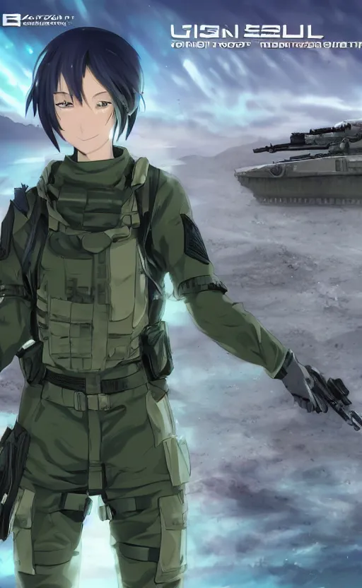 Prompt: girl, trading card front, future soldier clothing, future combat gear, realistic anatomy, concept art, professional, by ufotable anime studio, green screen, volumetric lights, stunning, military camp in the background, metal hard surfaces, focus on generate the face, left eye is closed, tanny skin