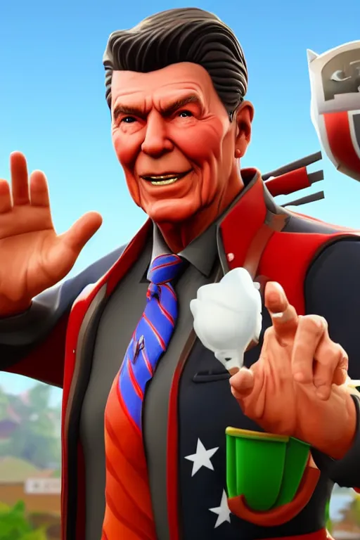 Prompt: ronald reagan, american super patriot, fortnite character, unreal engine. 4 k, highly detailed