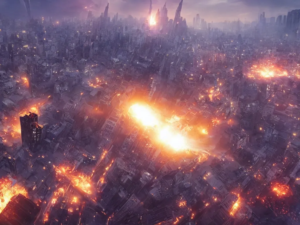 Prompt: city is being destroyed by a falling meteor, view from above, explosion, shreds, ruins, global illumination, hyperrealistic, volumetric lighting, epic cinematic shot, perfectly defined features, ambient occlusion