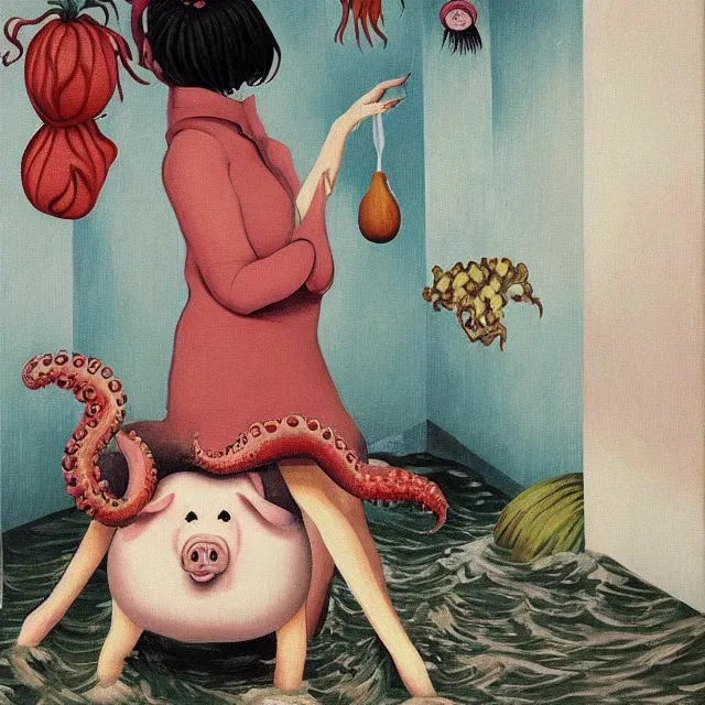 Prompt: tall female emo artist holding a pig in her flooded bathroom, octopus, water gushing from ceiling, painting of flood waters inside an artist's bathroom, a river flooding indoors, pomegranates, pigs, ikebana, zen, water, river, rapids, waterfall, canoe, berries, acrylic on canvas, surrealist, by magritte and monet