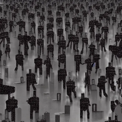 Image similar to hordes of drone-like people aimlessly walking around a depressing dystopian cityscape , trending on artststion, hyper realistic, surreal, melancholic, 8k, upscaled