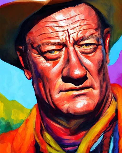 Image similar to a head and shoulder portrait of John Wayne painted in the colorful and expressive style of Kotwdq, trending on Artstation 8k photorealistic