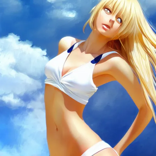 Image similar to full body shot : a very beautiful young blond basketball anime girl, sky blue eyes, bikini, white miniskirt, highly detailed, cinematic wallpaper by stanley artgerm lau