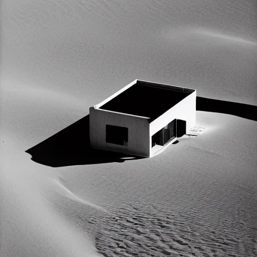 Image similar to A house designed by Miles Van Der Rohe in the middle of the sahara desert. Aerial View. Film Grain, Full color.