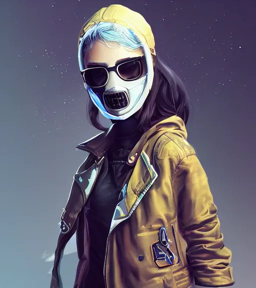 Prompt: a girl wearing a jacket, mask, punk outfit, highly detailed, digital painting, artstation, concept art, smooth, sharp focus, illustration