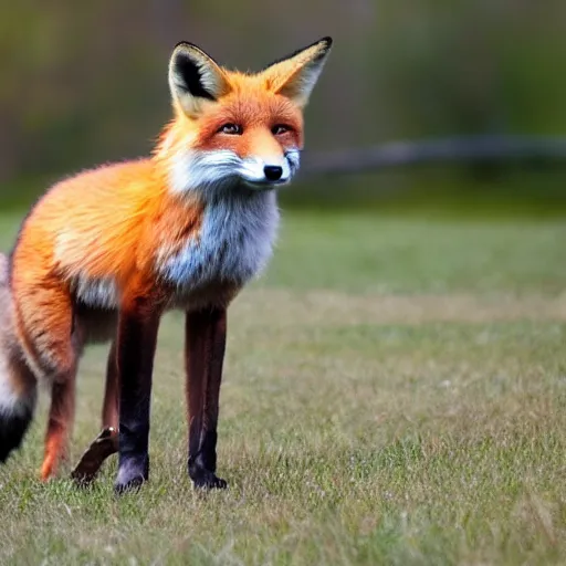 Prompt: a photograph of a digitigrade fox standing upright and dancing