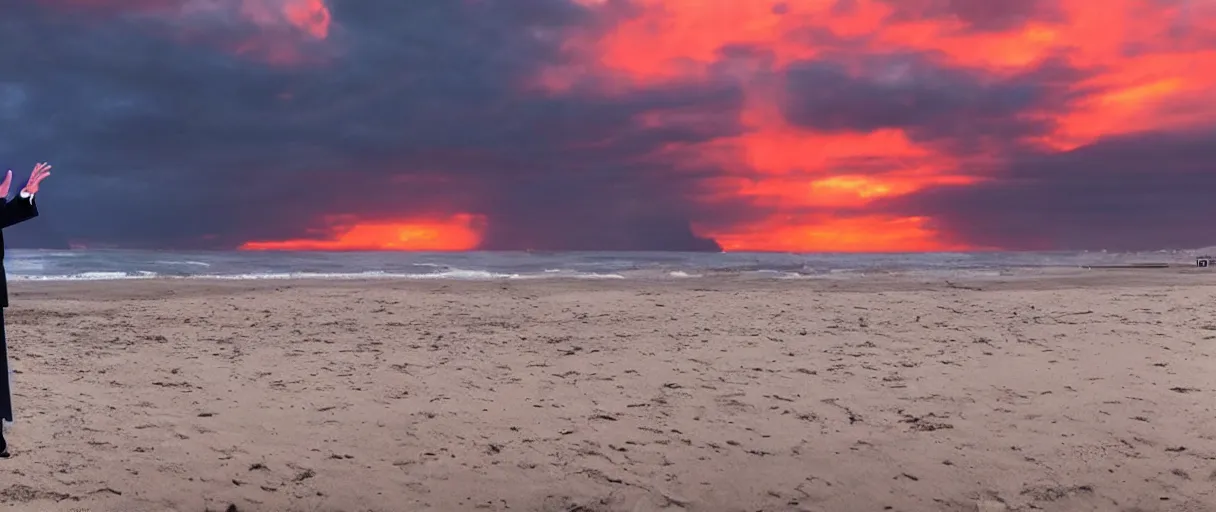 Image similar to donald trump at the beach, mordor looming behind the sunset 4 k, hd, explosive, colorfull