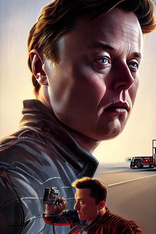 Prompt: elon musk as marty mcfly near cybertruck, realistic portrait, symmetrical, highly detailed, digital painting, artstation, concept art, smooth, sharp focus, illustration, cinematic lighting, art by artgerm and greg rutkowski and alphonse mucha