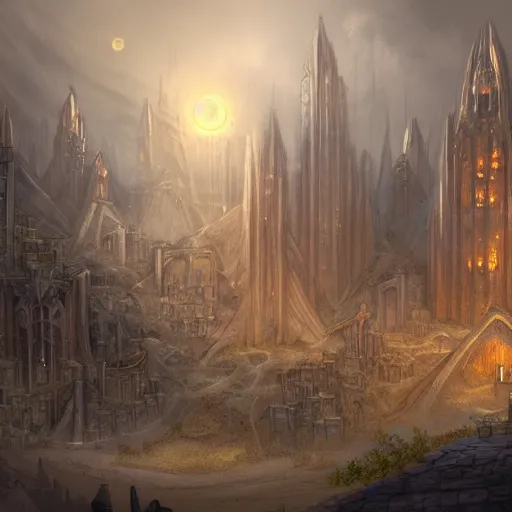 Image similar to architectural cover concept art of the lost sand city, ruins, golden towers, golden pillarsl. digital art, art station, realista,