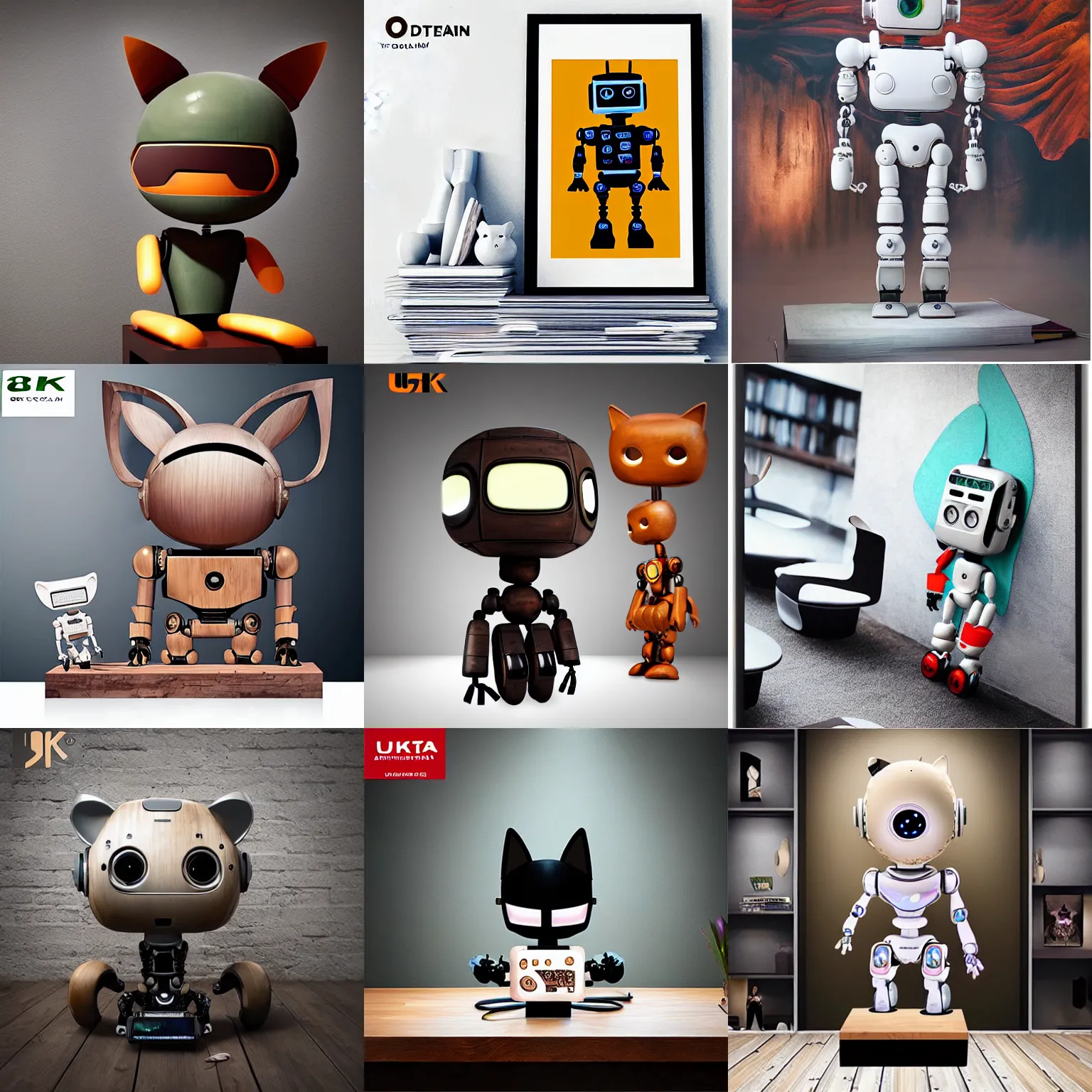 Prompt: ultra realistic dream 8k octan advertising photo, totally wooden sculpture collection art toys on feet, very cute robot zen with cat ears ,cyberpunk a contemporary art gallery artworks