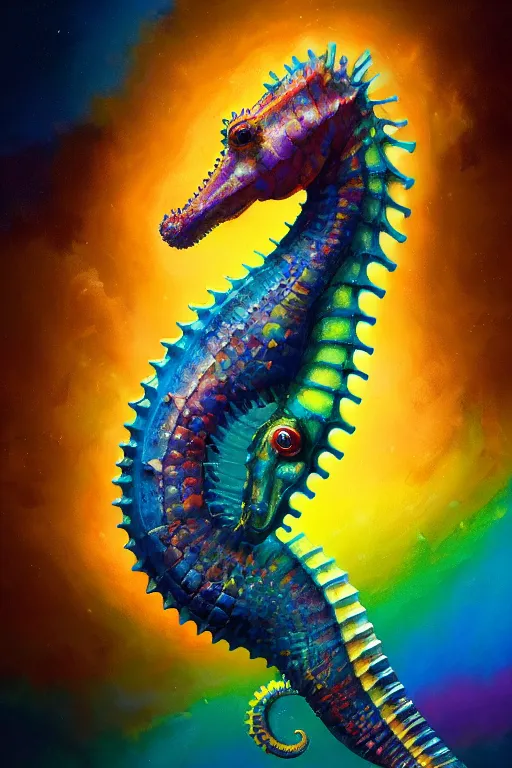 Image similar to highly detailed portrait of rainbow - colored seahorse, stephen bliss, unreal engine, fantasy art by greg rutkowski, rhads, ferdinand knab, makoto shinkai and lois van baarle, ilya kuvshinov, rossdraws, tom bagshaw, global illumination, radiant light, yellow blue theme, coral reef