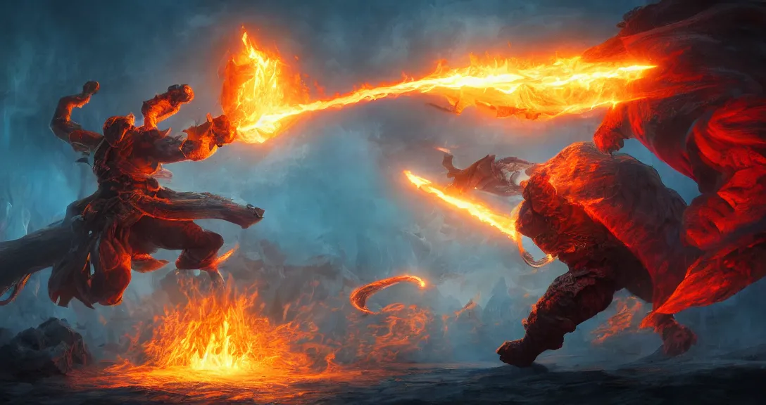 Image similar to balrog fighting link from the legend of zelda, lava, fire, flaming sword, intricate, detailed, volumetric lighting, scenery, hellscape, digital painting, highly detailed, artstation, sharp focus, illustration, concept art, ruan jia, steve mccurry