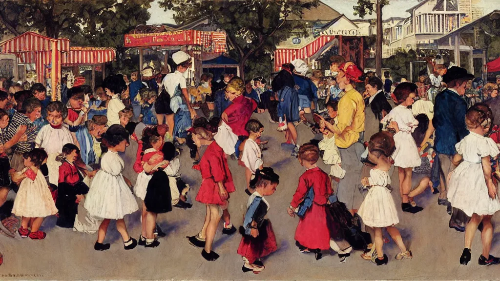 Prompt: kids wandering through a carnival, all ignoring the rides and playing on their phones instead, by Norman Rockwell