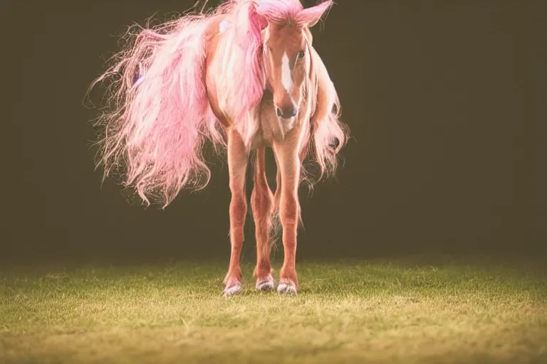 Prompt: Pinkie Pie equine sitting down, view from behind, pony facing away, professional animal photography and mood lighting, equine photo, flowing mane and tail, relaxed expression