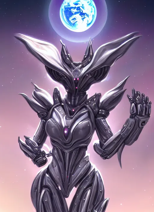 Image similar to goddess shot, galactic sized stunning beautiful anthropomorphic robot mecha female dragon, in space, larger than planets, posing elegantly, holding earth in sharp hand, detailed silver armor, epic proportions, epic scale, ultra detailed digital art, furry art, macro art, dragon art, giantess art, warframe fanart, furaffinity, deviantart, realistic