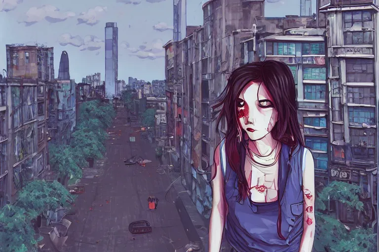 Image similar to urban school zombie girl in tattered clothes with a city street of Buenos aires in the background, dark blue long hair, muted colors, matte print, pastel colors, ornate, digital art, cute smile, digital painting, fan art, elegant, pixiv, by Ilya Kuvshinov, by Studio Ghibli