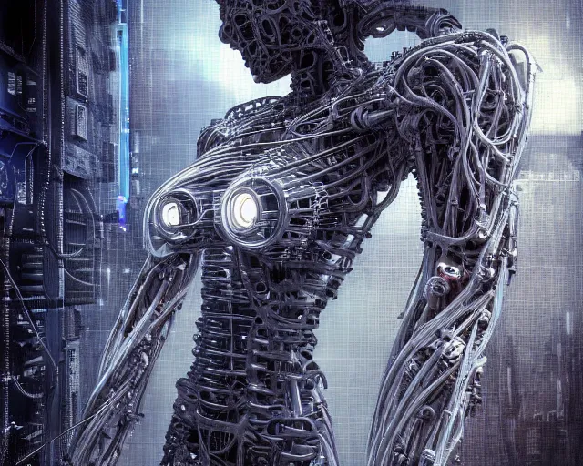 Image similar to photo of a biomechanical torso of a cyborg plugged into a quantum computer with cables and wires. cyberpunk horror style. art by luis royo. highly detailed 8 k. intricate. nikon d 8 5 0 5 5 mm. award winning photography.