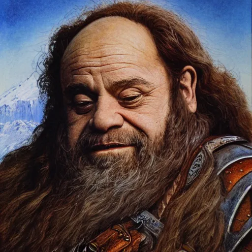 Image similar to portrait of danny devito as gimli, by alan lee, lord of the rings calendar, smooth, detailed terrain, oil painting, matte painting, concept art, trending on artstation, promotional artwork, film still, elegant, photorealistic facial features, intricate, detailed face, cinematic lighting