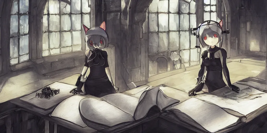 Image similar to 2b from nier automata wearing a headset with cat ears, focused on her homework inside a white church, tinted window in the background, robot cat pet sleeping on the desk, highly detailed, miyazaki ghibli style illustration, imaginary slice of life