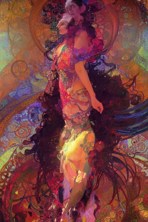 Prompt: a beautifull intricate painting of a disembodied soul surrounded by fractals, vivid colors, artstation, by jeremy mann, by alphonse mucha,